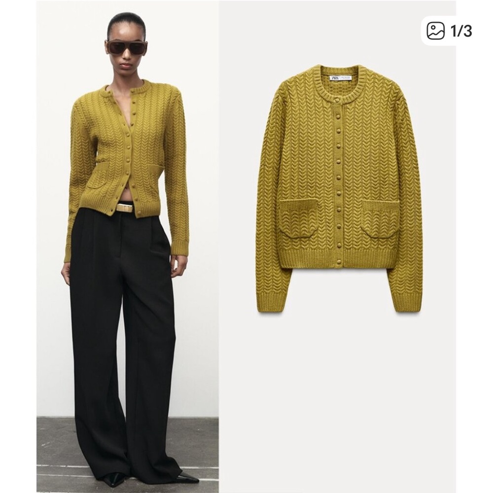 Zara Olive Cable Knit Cardigan - Picture 4 of 5